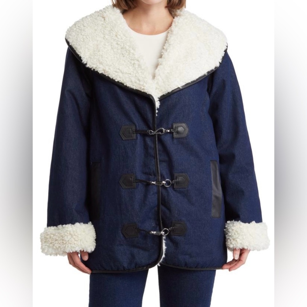 New WeWoreWhat Oversized Denim Sherpa Coat Jacket S NWT Fluffy Cozy Winter Faux